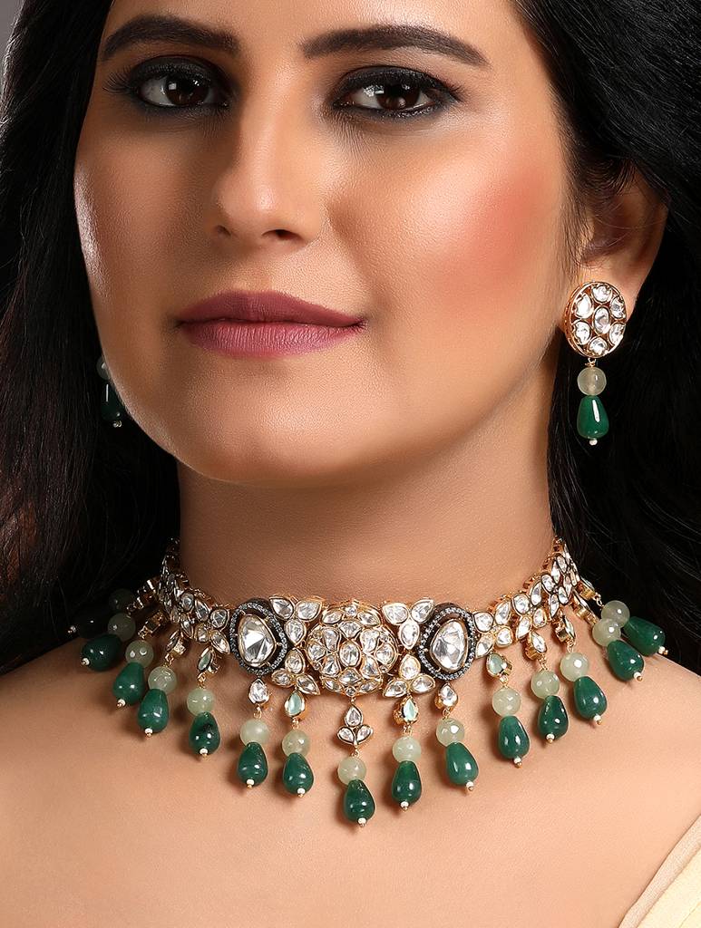Micron Gold Polish Onyx Mosanite Jewellery-Set : HRNS-249