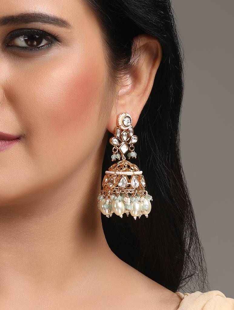 Gold Polished Mosanite Kundan Polki Jhumka Earring : HRER-154