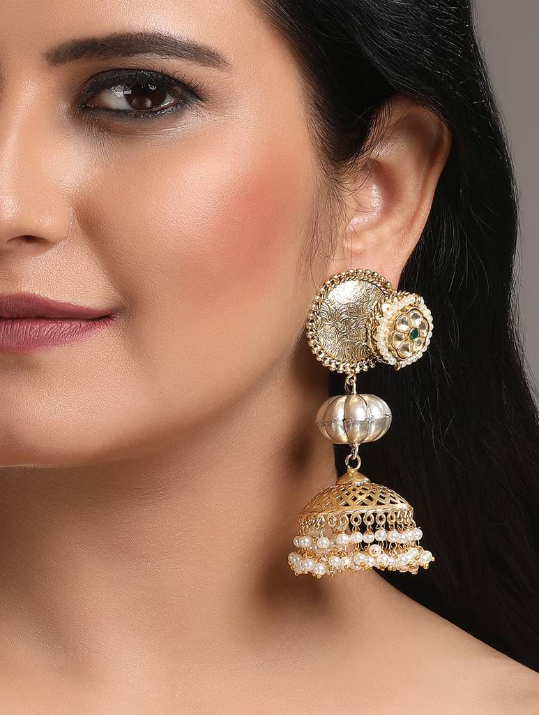 Gold Polished Pearl Kundan Polki Jhumka Earrings : HRER-143