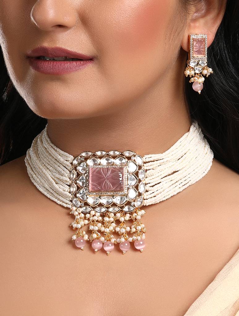 Micron Gold Polish Quartz Pearl Jewellery Set : HRNS-253