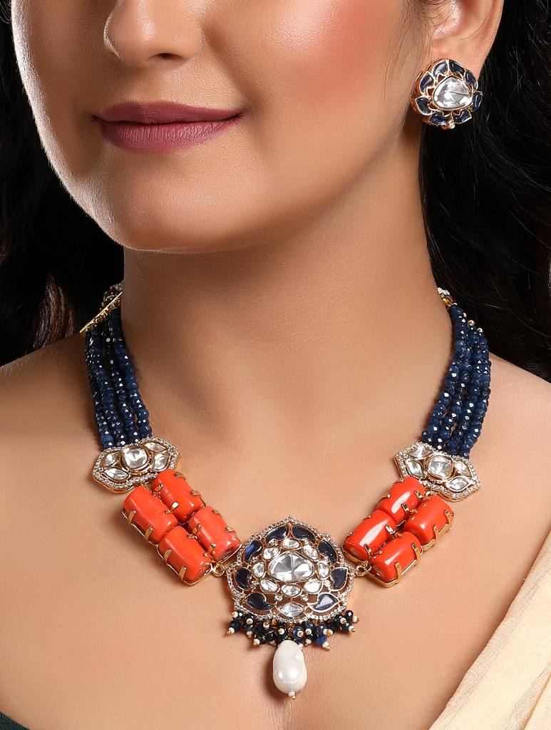 Micron Gold Polish Agates Cz Jewellery Set : HRNS-252