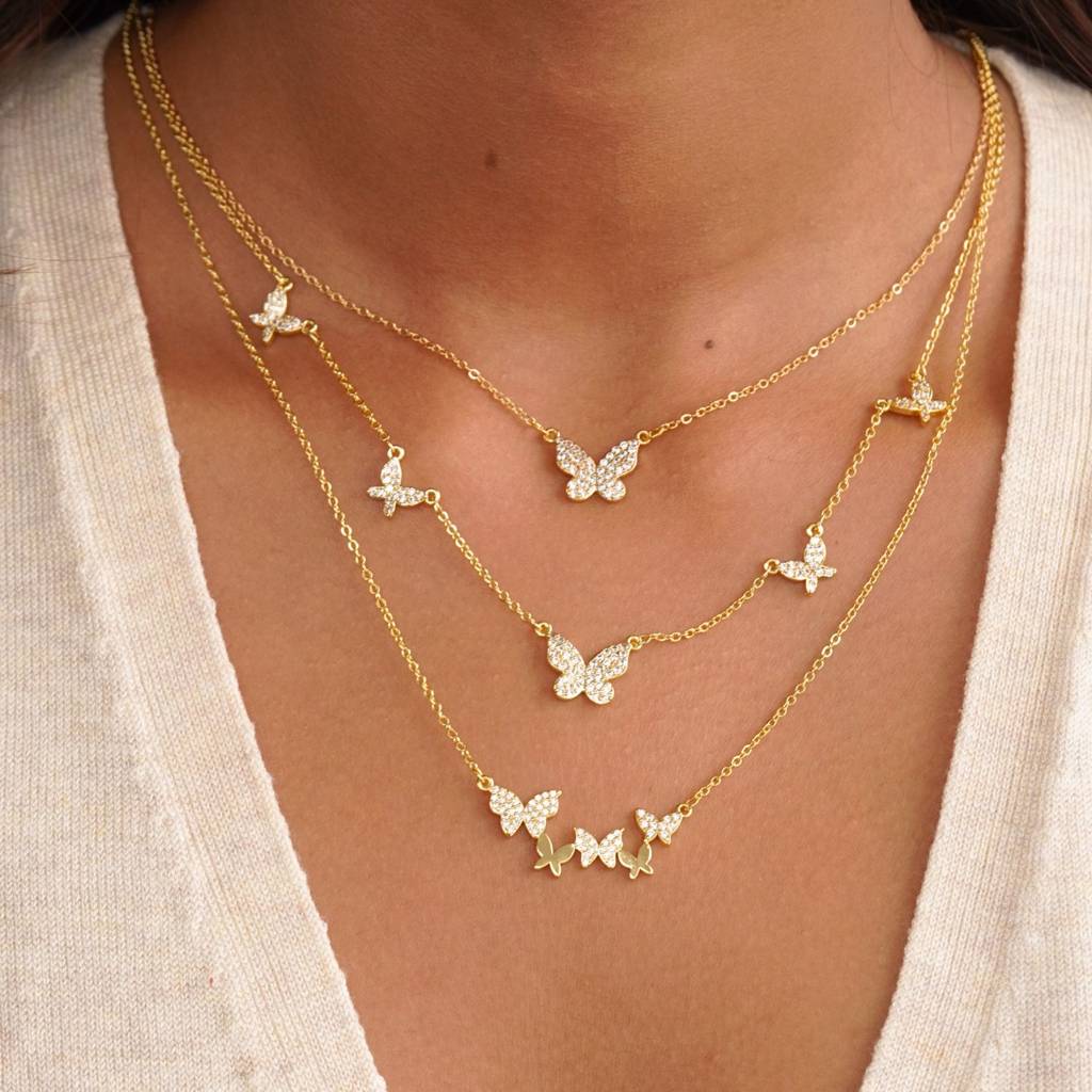 18K Gold Plated Waterproof, Anti-Tarnish Zircon Butterfly Pendant Necklace : AWU0125PN008