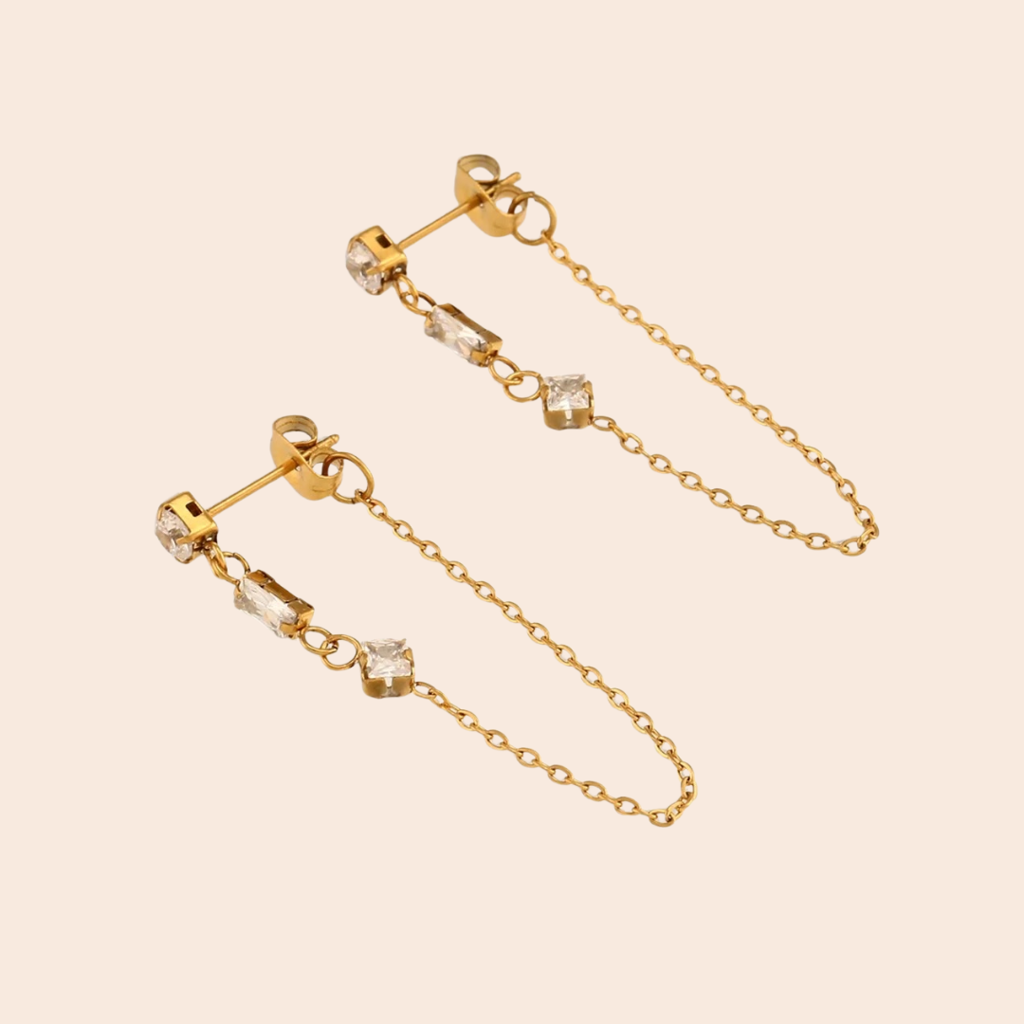 18Kt Gold Plated Demi Fine Tripple White Zircon Piercing Chain Earrings, Lacey : INLACEY