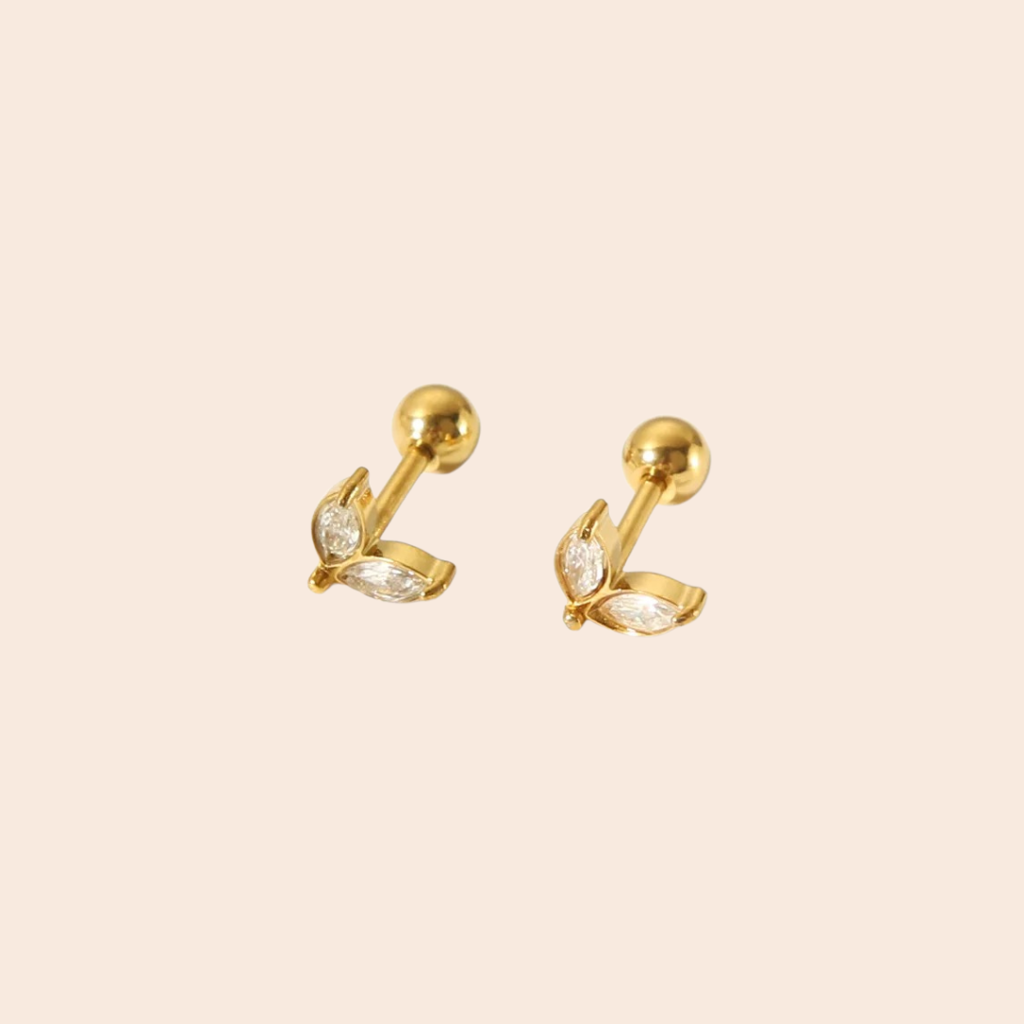 18Kt Gold Plated Demi Fine White Zircon Two Leaf Piercing Stud Earrings, Era : INERA