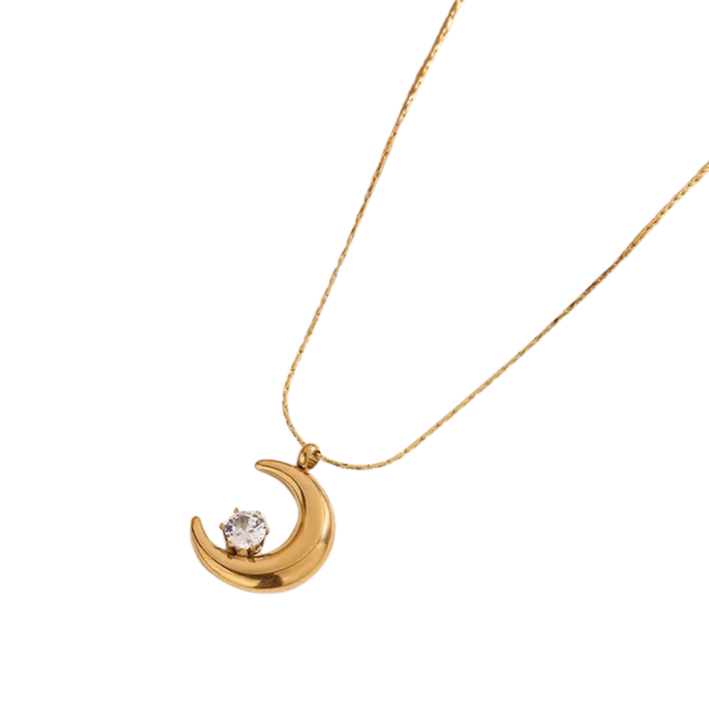 18Kt Gold Plated Statement Crescent Moon Zircon Necklace, Coral : INCORAL1