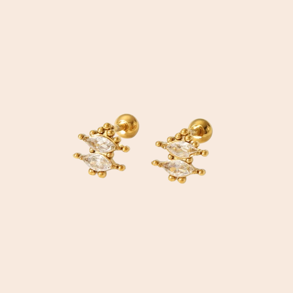 18Kt Gold Plated Demi Fine White Zircon Piercing Stud Earrings, Zoe : INZOE