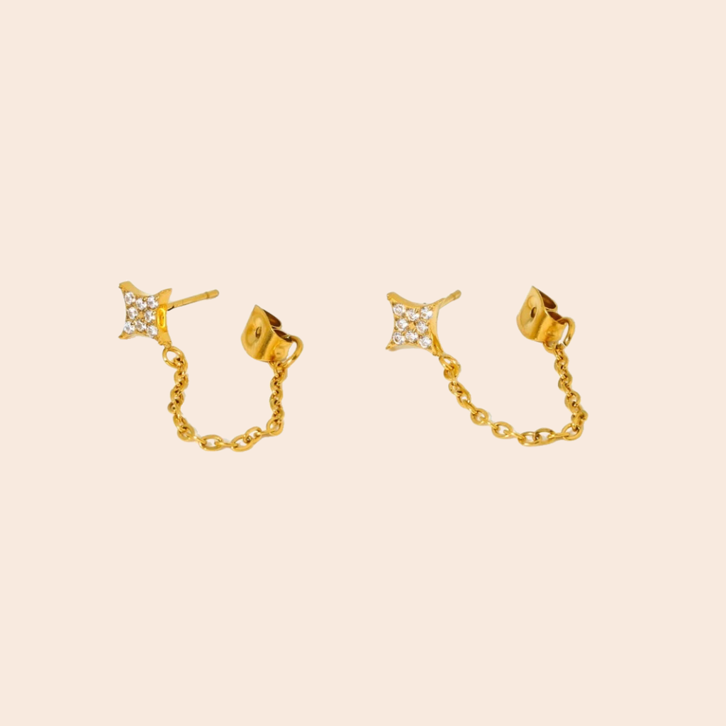 18Kt Gold Plated Demi Fine White Zircon Shining Star Piercing Chain Earrings, Quinn : INQUINN