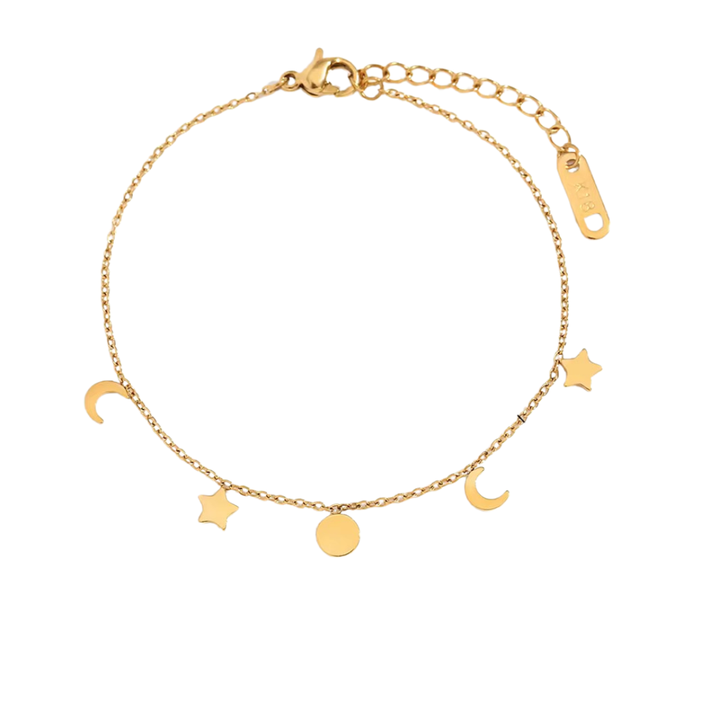 18Kt Gold Plated Sun Star And Moon Dainty Charm Bracelet, August : INAUGUST11