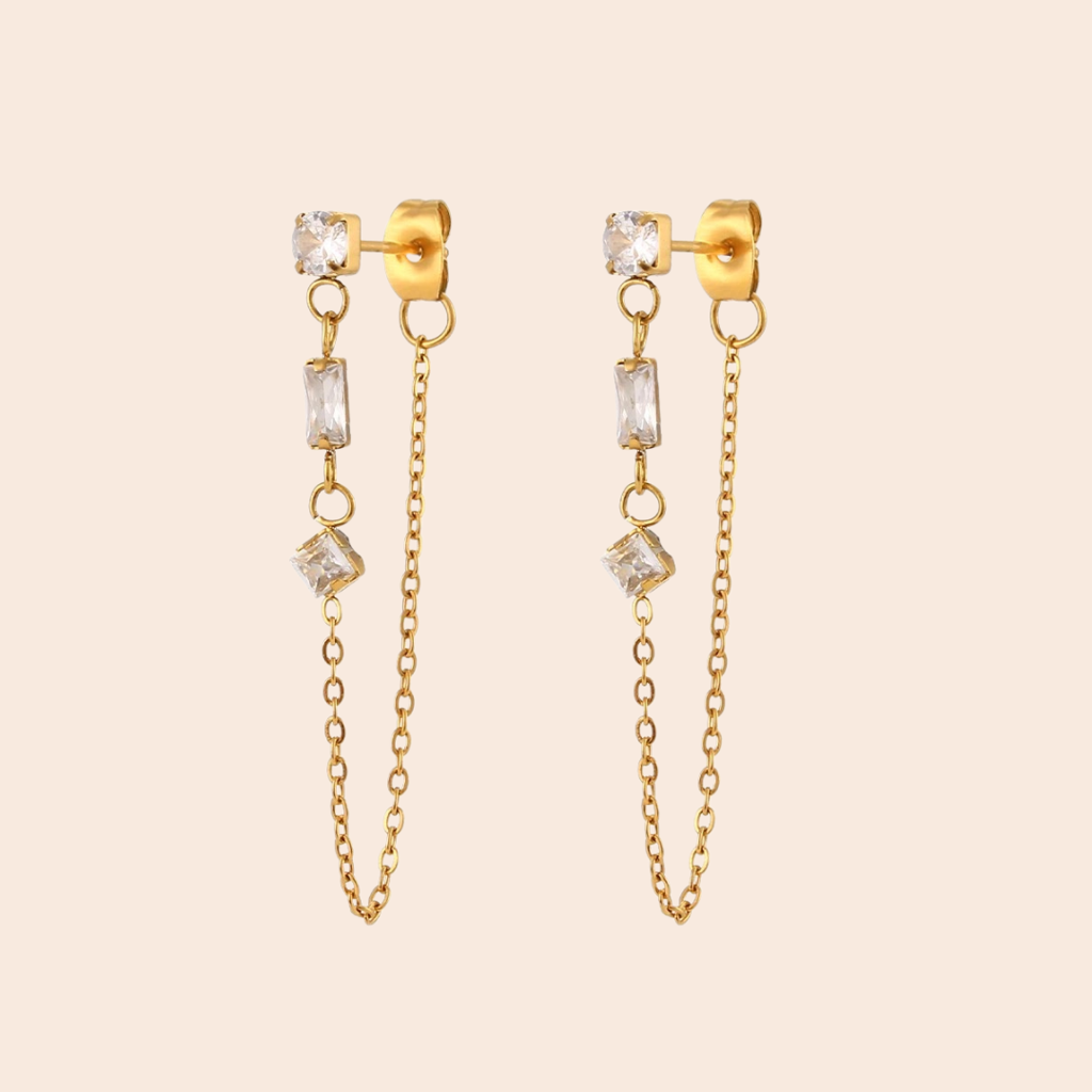 18Kt Gold Plated Demi Fine Tripple White Zircon Piercing Chain Earrings, Lacey : INLACEY