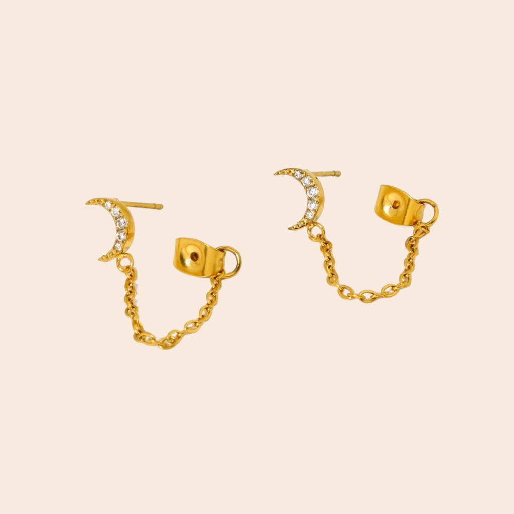 18Kt Gold Plated Demi Fine White Zircon Shining Half Moon Piercing Chain Earrings, Amber : INAMBER