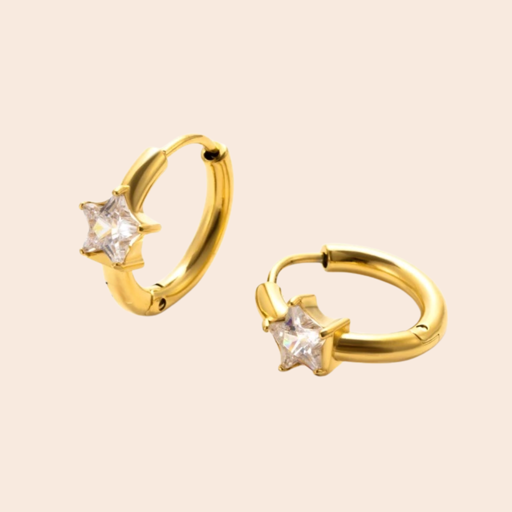 18Kt Gold Plated Demi Fine White Zircon Star Shaped Piercing Huggie Earrings, Alis : INALIS