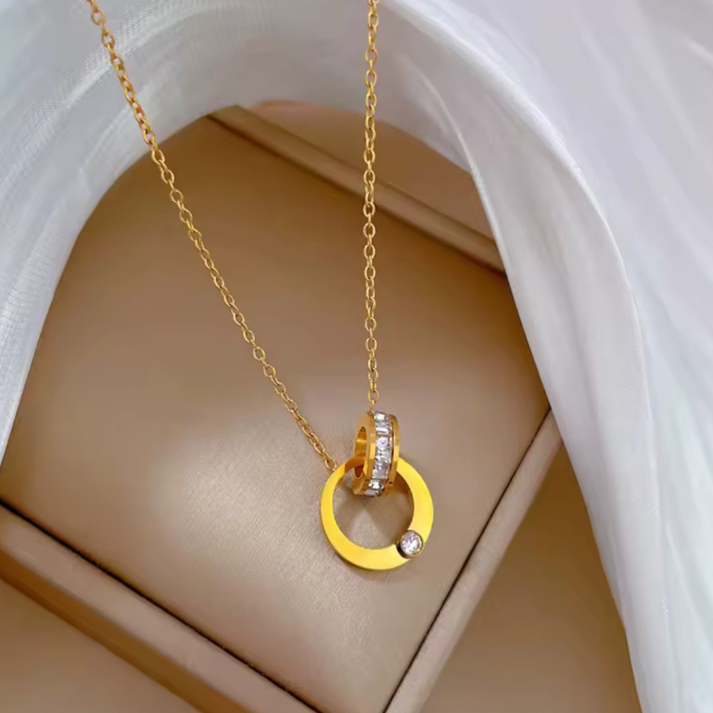 18Kt Gold Plated Double Circle Lock Rhinestone Studded Necklace, Kira : INKIRA1