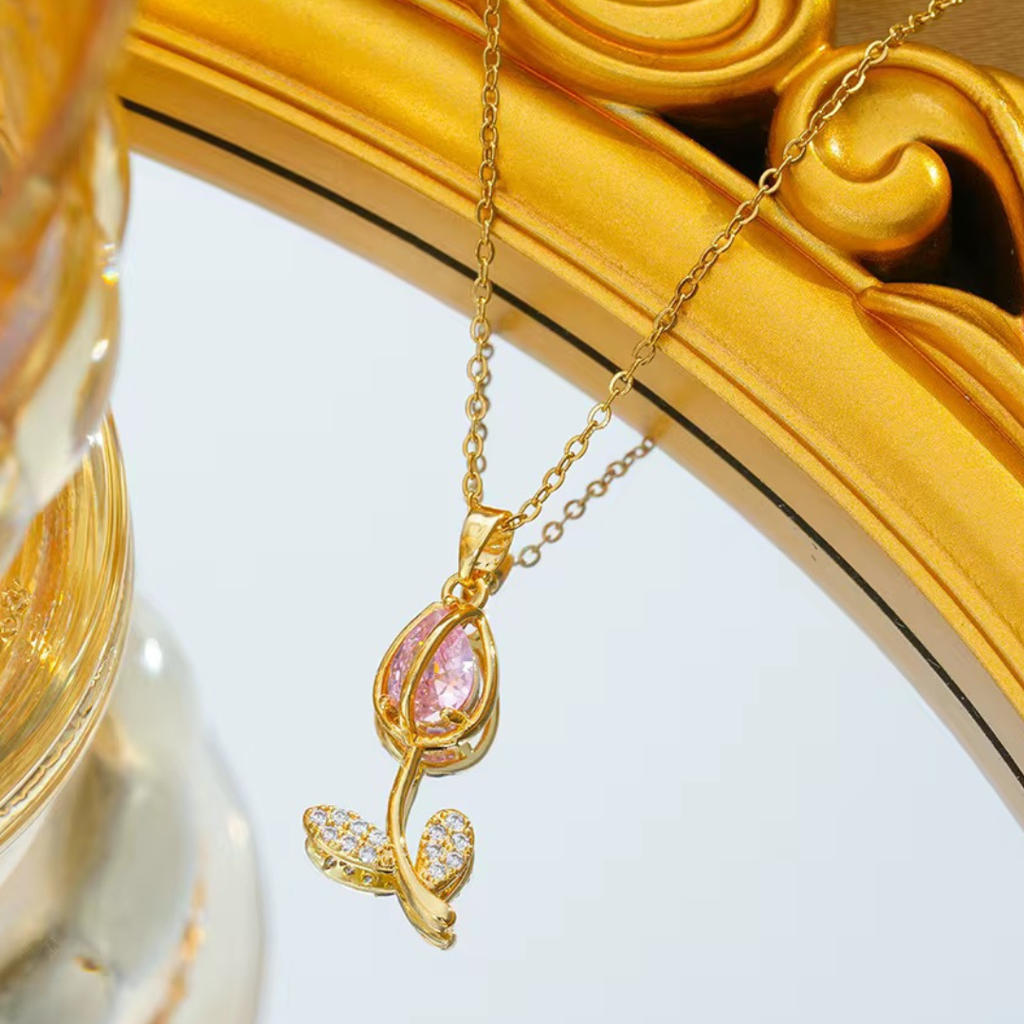 18Kt Gold Plated Tulip Flower Cubic Zirconia Studded Dainty Necklace, Amaira : INAMAIRA
