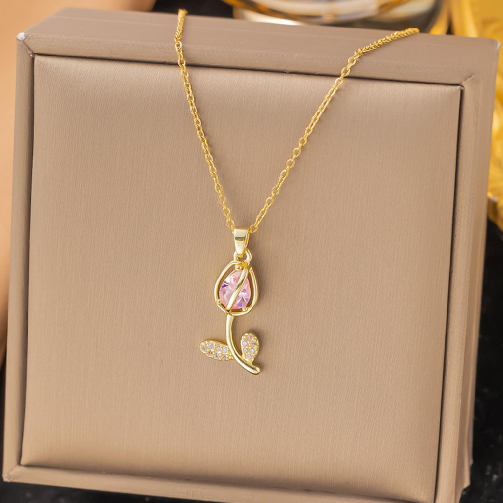 18Kt Gold Plated Tulip Flower Cubic Zirconia Studded Dainty Necklace, Amaira : INAMAIRA
