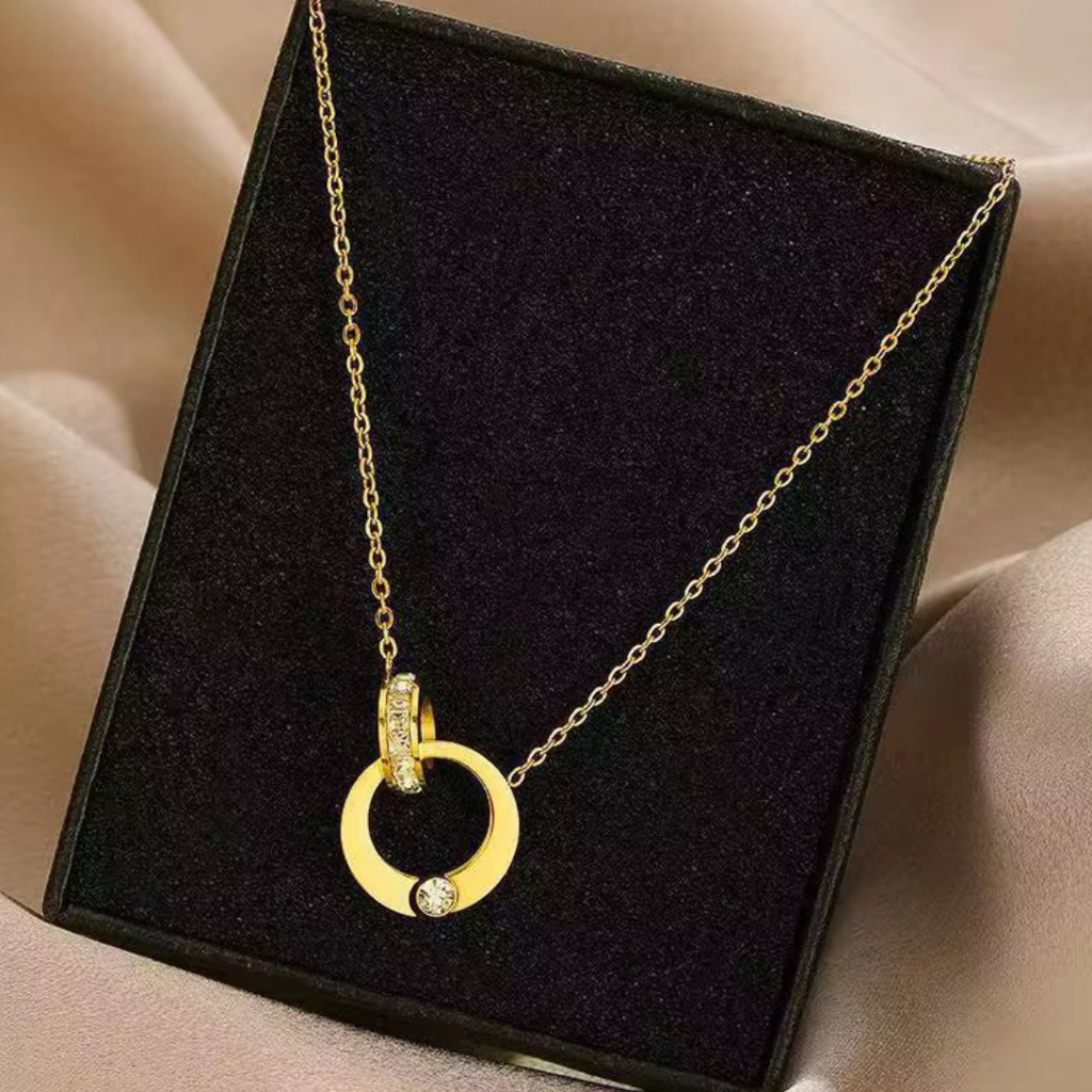 18Kt Gold Plated Double Circle Lock Rhinestone Studded Necklace, Kira : INKIRA1