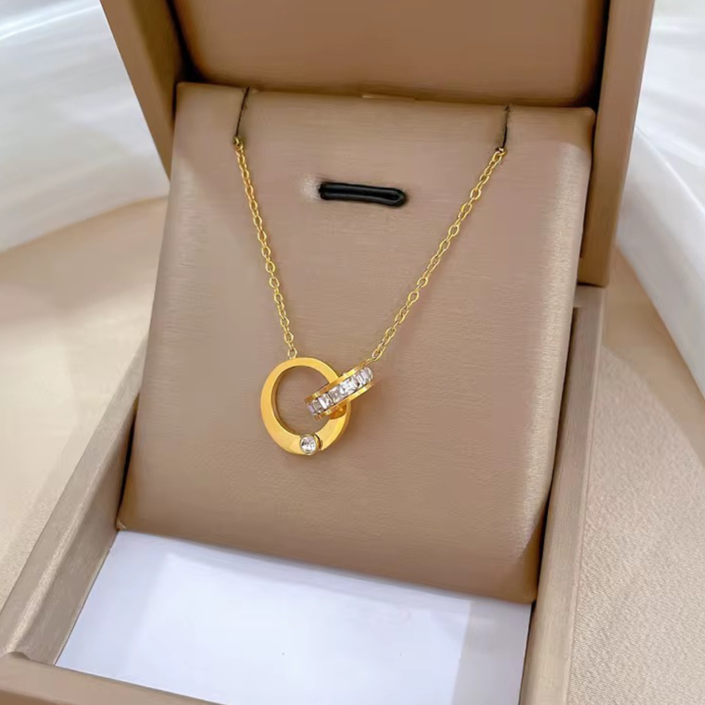 18Kt Gold Plated Double Circle Lock Rhinestone Studded Necklace, Kira : INKIRA1