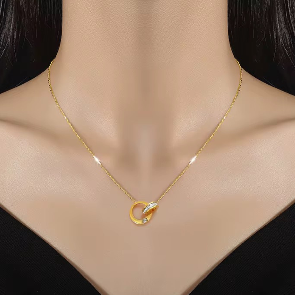 18Kt Gold Plated Double Circle Lock Rhinestone Studded Necklace, Kira : INKIRA1