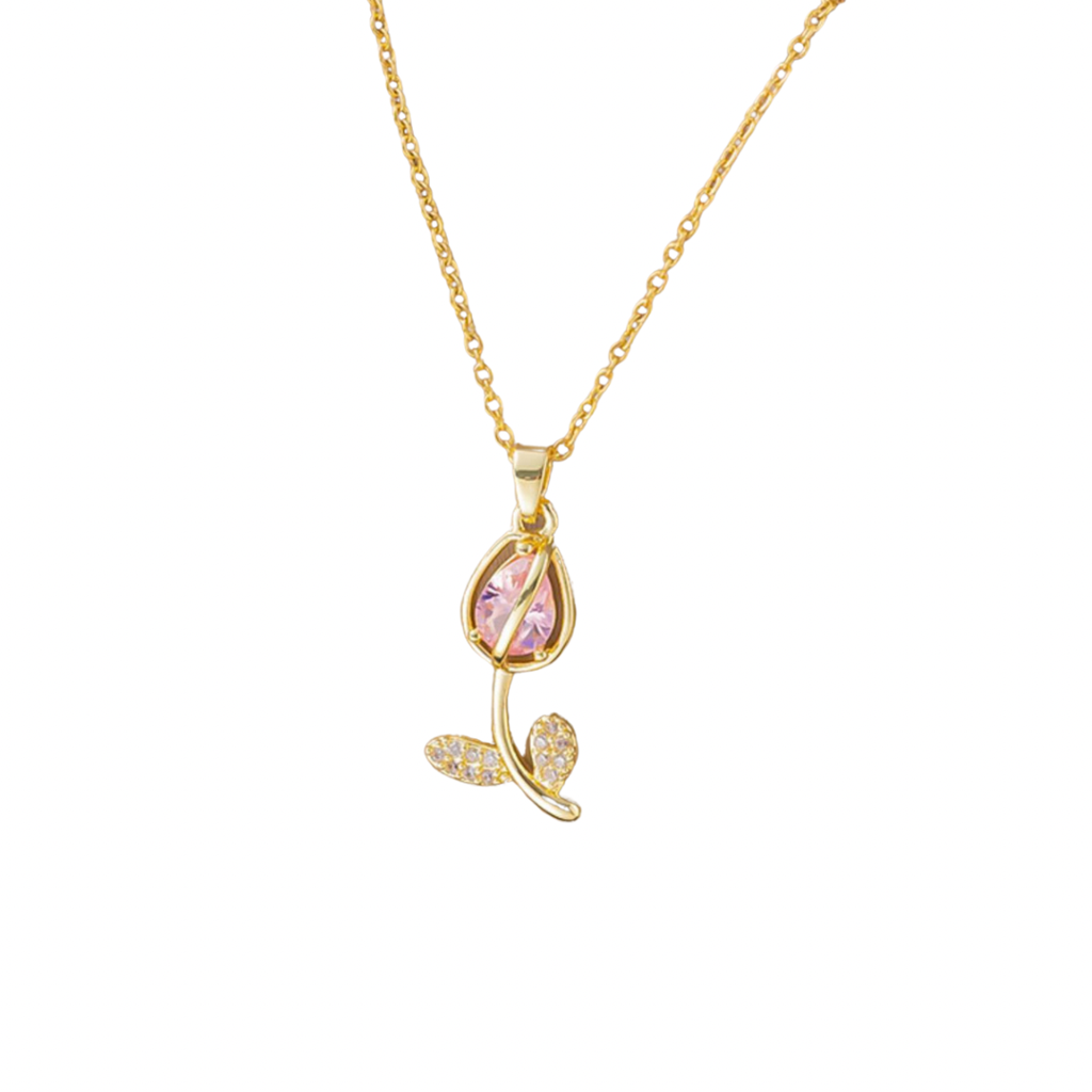 18Kt Gold Plated Tulip Flower Cubic Zirconia Studded Dainty Necklace, Amaira : INAMAIRA