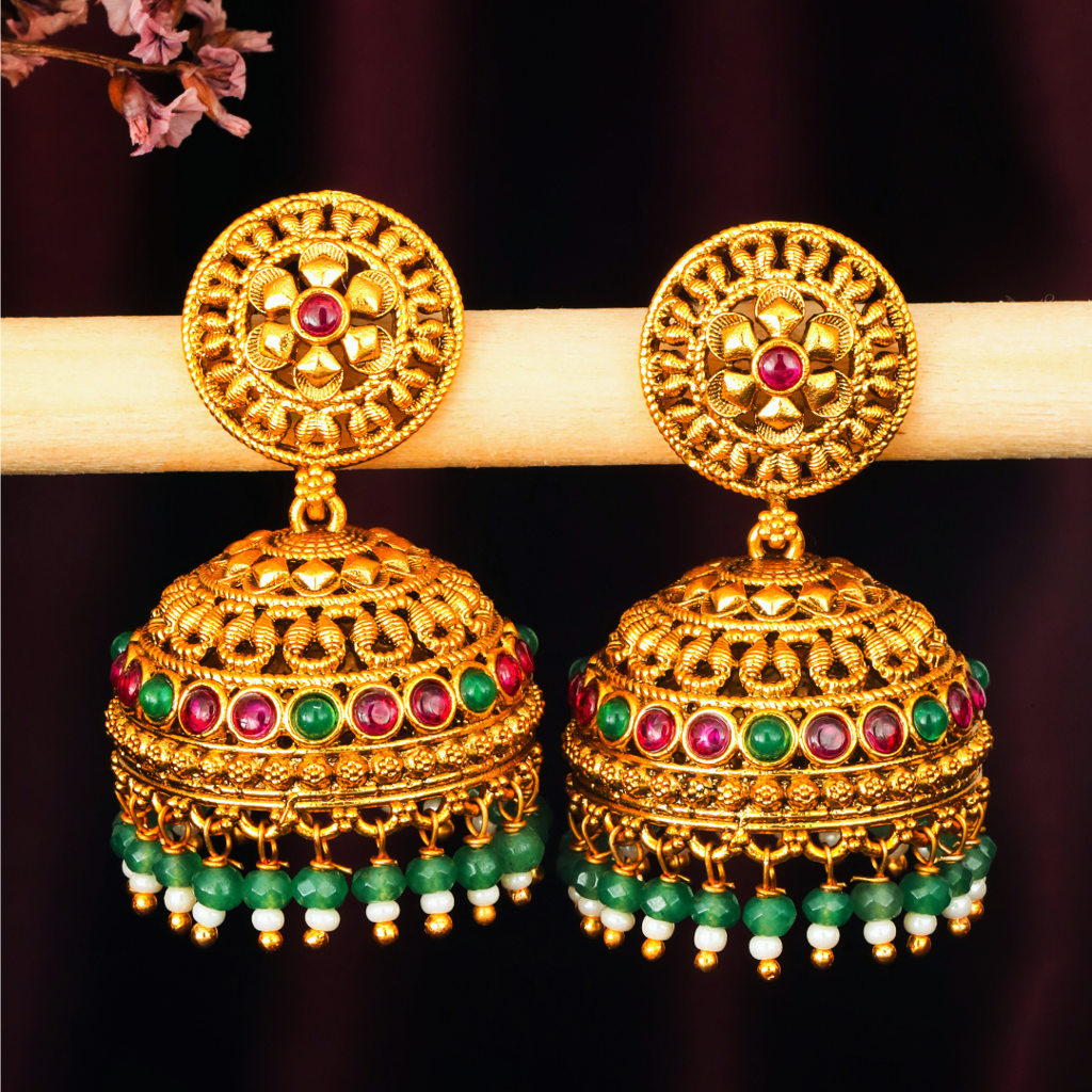 Antique Gold-Plated Jhumka With Temple Detailing & Green Beads R-2232 : R-2232