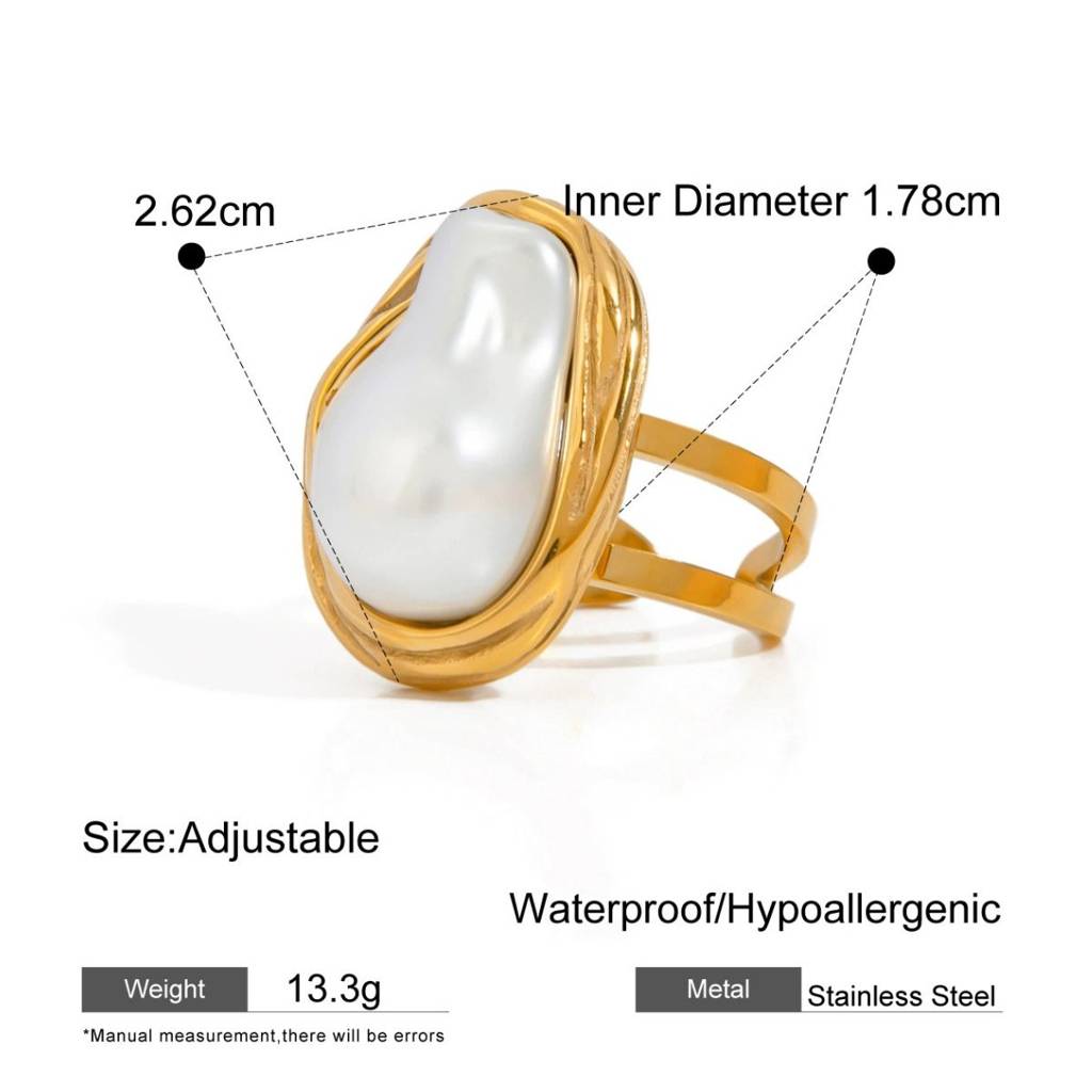18K Gold Plated Waterproof Anti-Tarnish White Baroque Pearl Pendant Set With Ring : AMG0425PSR09C3