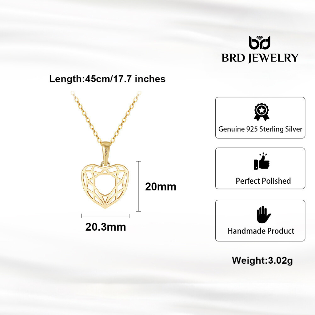 925 Sterling Silver 18K Gold Plated Hallow Heart Pendant Necklace For Women & Girls : BRDGSHN