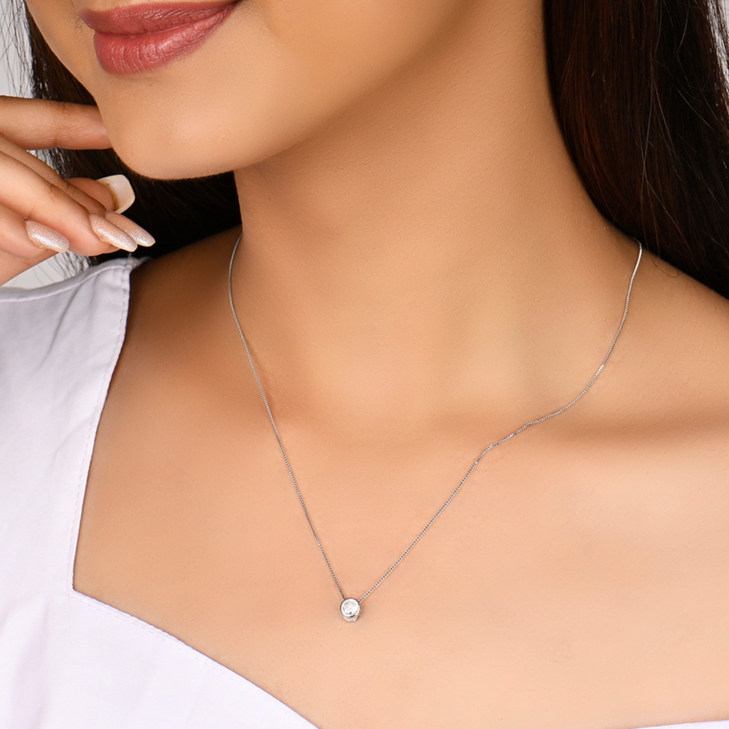 925 Sterling Silver Solitaire Bezel-Set Cubic Zirconia Pendant Necklace : RJSPPN01