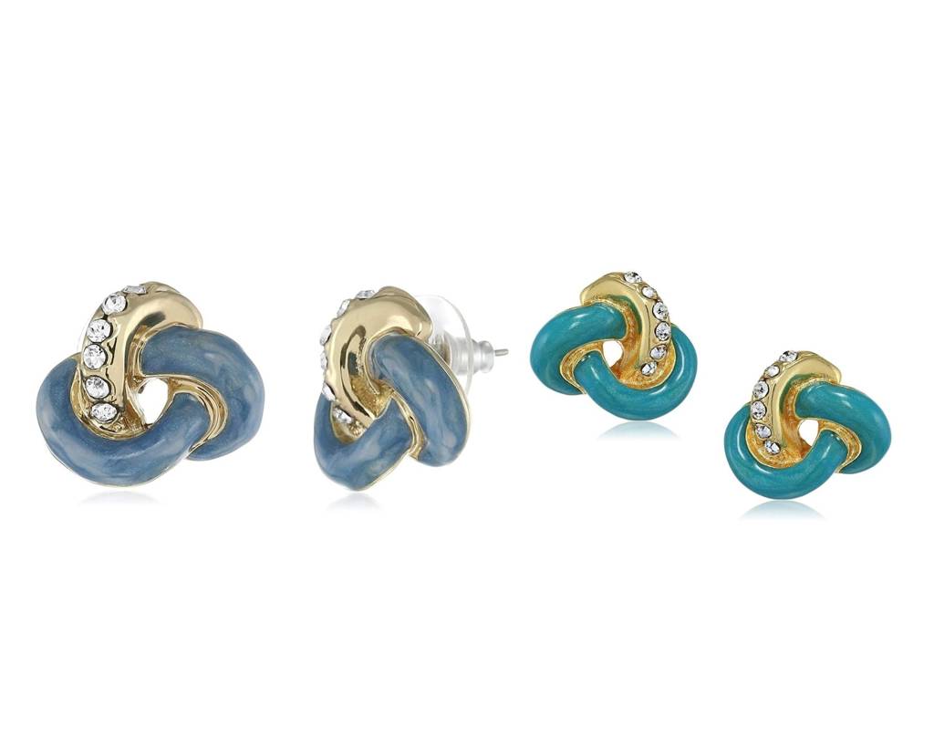 Estelle Gold-Plated Turquoise Blue & Dark Blue Enamel With White Crystal Stud Earrings Combo Of 2 For Women : COMBO-61BER