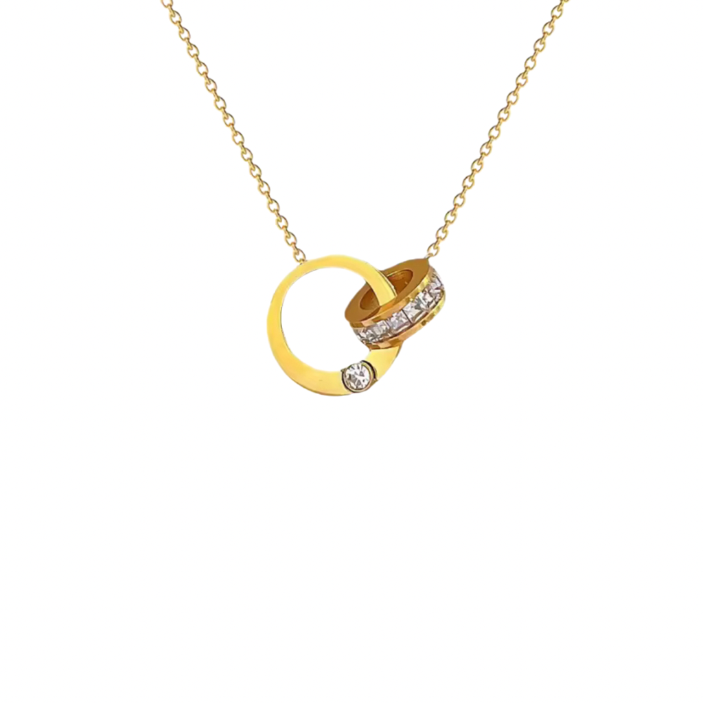 18Kt Gold Plated Double Circle Lock Rhinestone Studded Necklace, Kira : INKIRA1