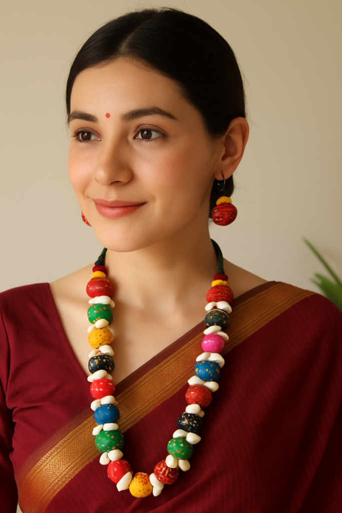 Upcycled Fabric Kantha Embroidered Handmade Necklace Set With Cowrie Details : ALT-JEW-Sai-32