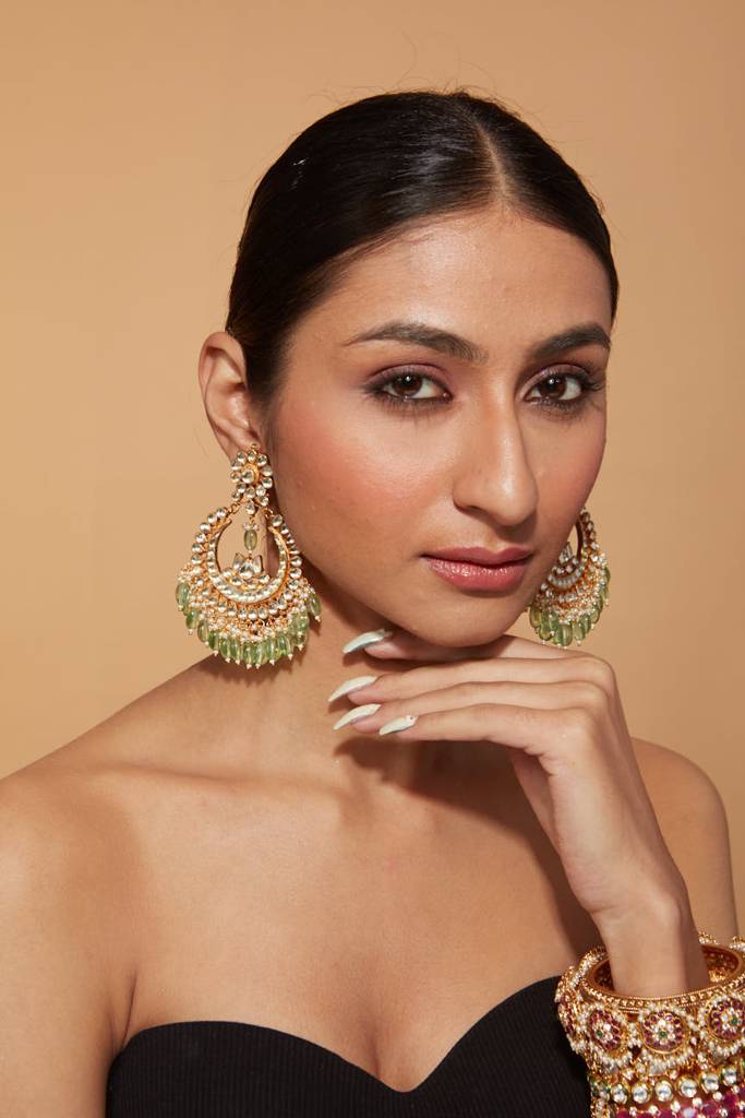 Gold Plated Kundan Studded With Beads Drop Chaandbali Earrings : VA013