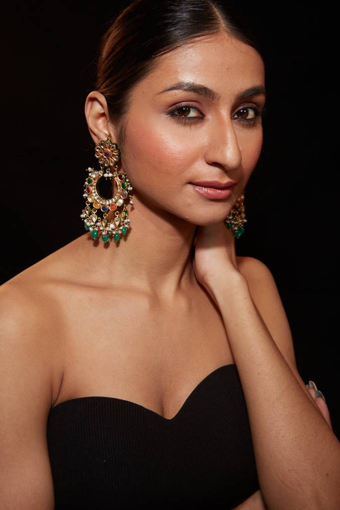 Gold Plated Multi Colour Stone With Drop Beads Chaandbali Earrings : VA014
