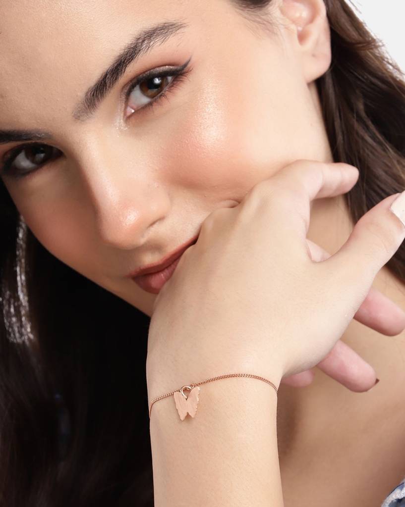 925 Sterling Silver 18Kt Rose Gold Plated Butterfly Charm Bracelet : VANB957