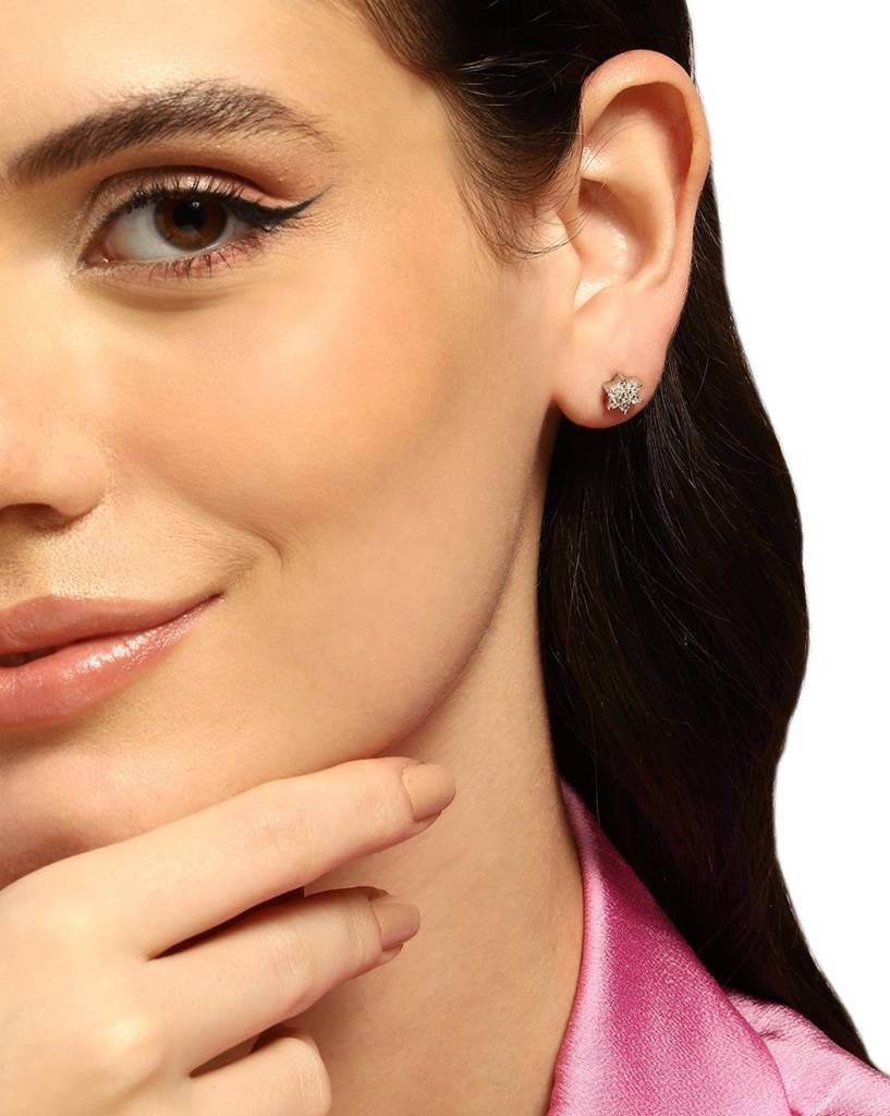 925 Sterling Silver Rhodium Plated Cz Floral Stud Earring-Vane1012 : VANE1012