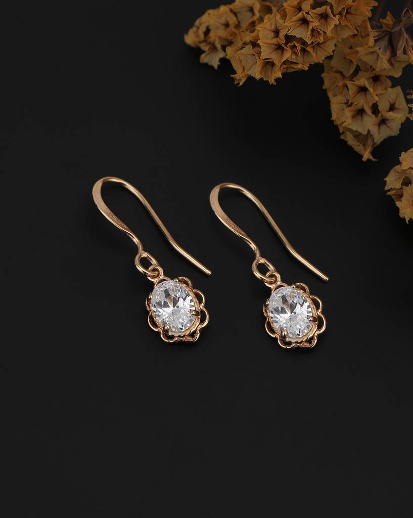 925 Sterling Silver 18Kt Rose Gold Plated Dangling Cz Oval Drop Earring : VANE917