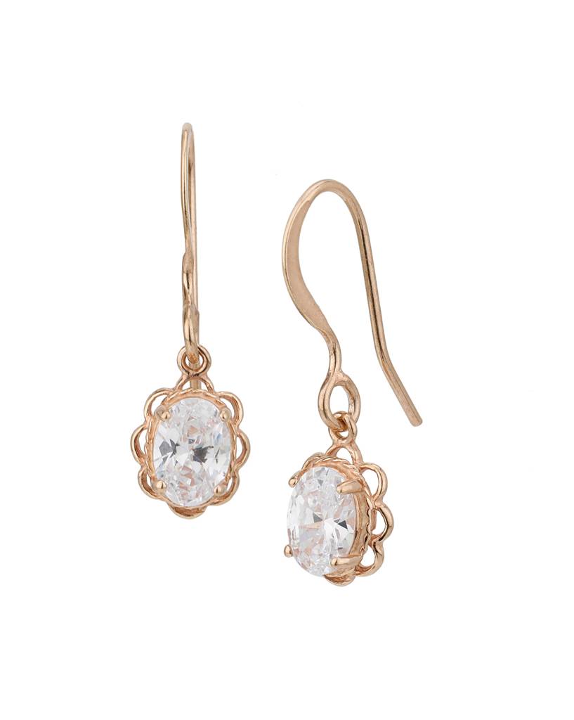 925 Sterling Silver 18Kt Rose Gold Plated Dangling Cz Oval Drop Earring : VANE917