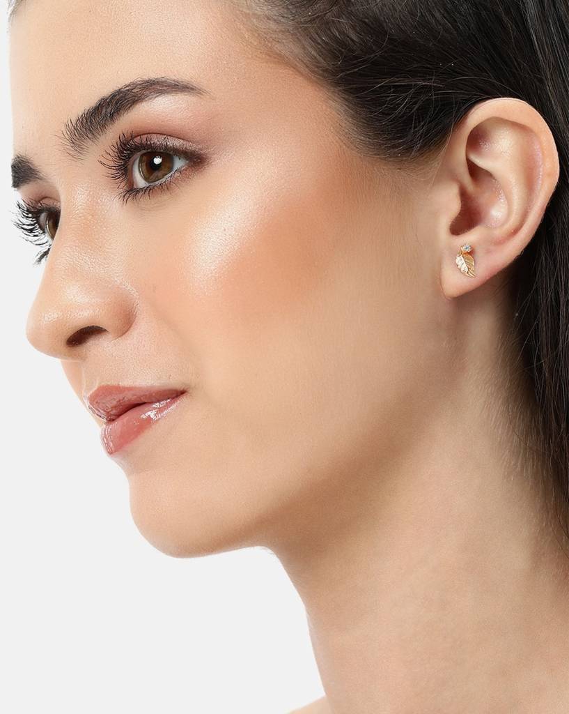 925 Sterling Silver 18Kt Rose Gold Plated Cz Leaf Petite Stud Earring : VANE923