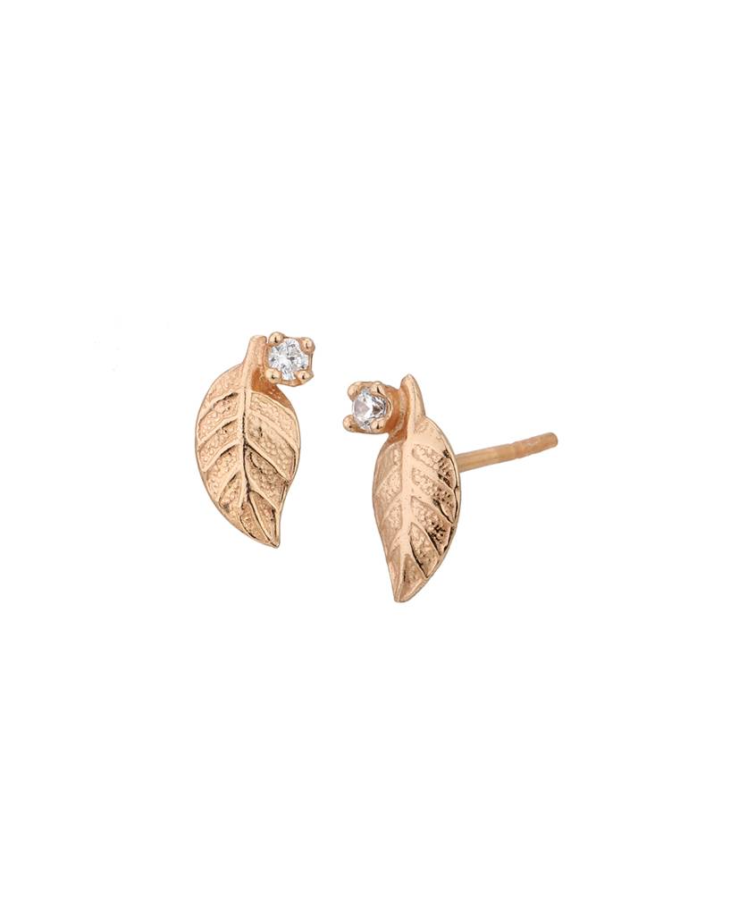 925 Sterling Silver 18Kt Rose Gold Plated Cz Leaf Petite Stud Earring : VANE923
