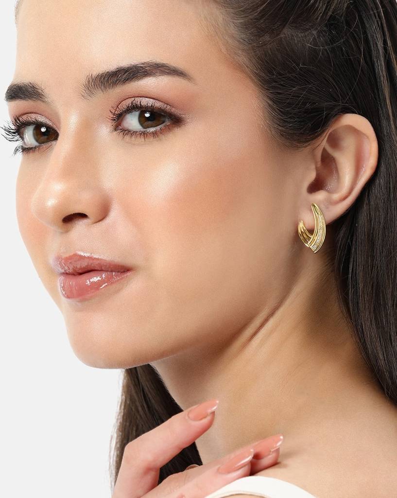 925 Sterling Silver 18Kt Gold Plated Cz Half Hoop Earring : VANE926