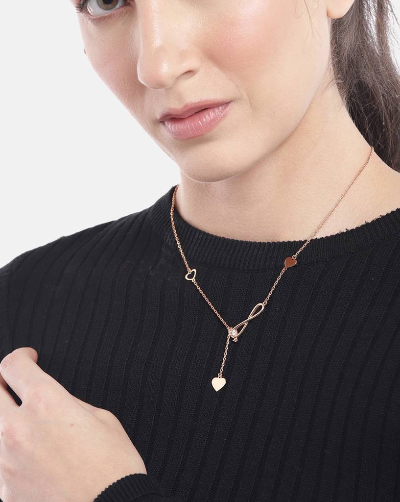 925 Sterling Silver 18Kt Rose Gold Plated With Cz And Dangling Heart  Infinity Lariat Necklace For Women Sterling Silver Rose Gold