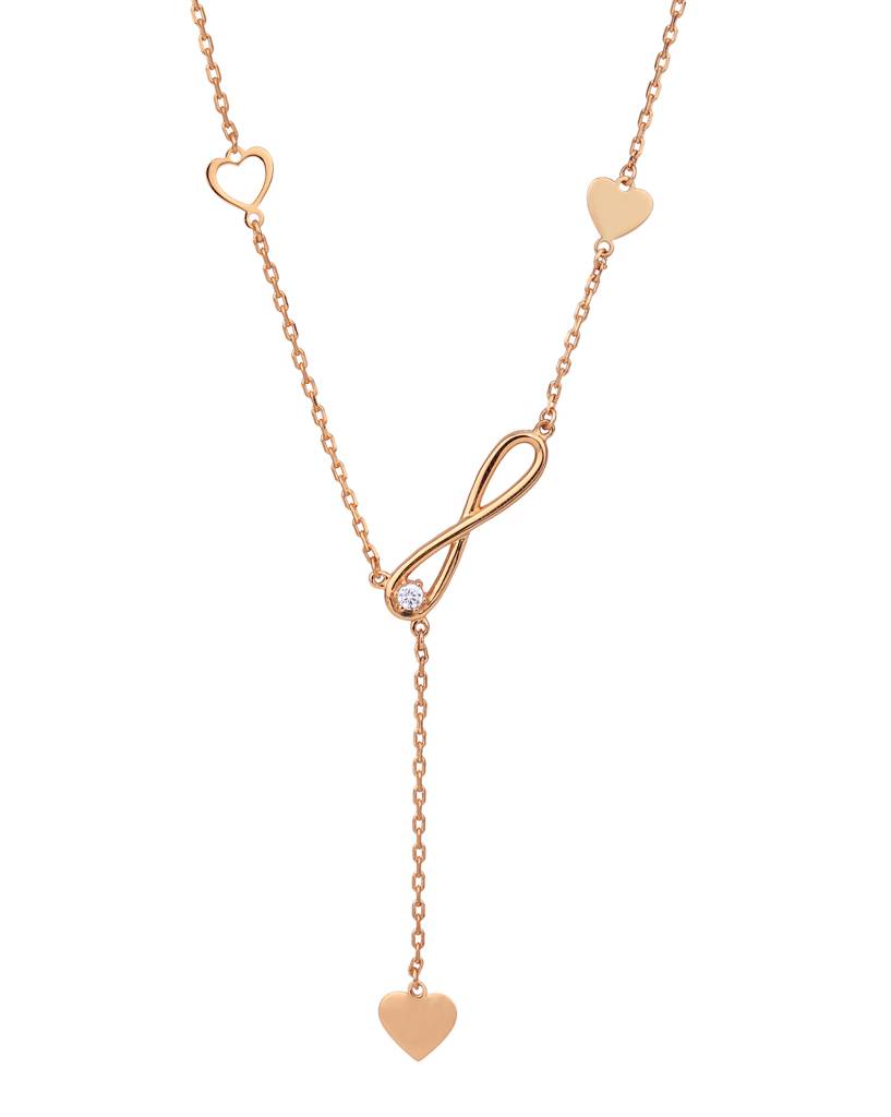 925 Sterling Silver 18Kt Rose Gold Plated With Cz And Dangling Heart Infinity Lariat Necklace For Women : VANN808