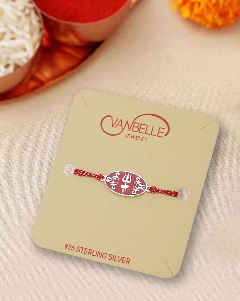 Rhodium Plated Engrave Lord Shiva Trishul Enamel Oval Rakhi For Men : VANR927