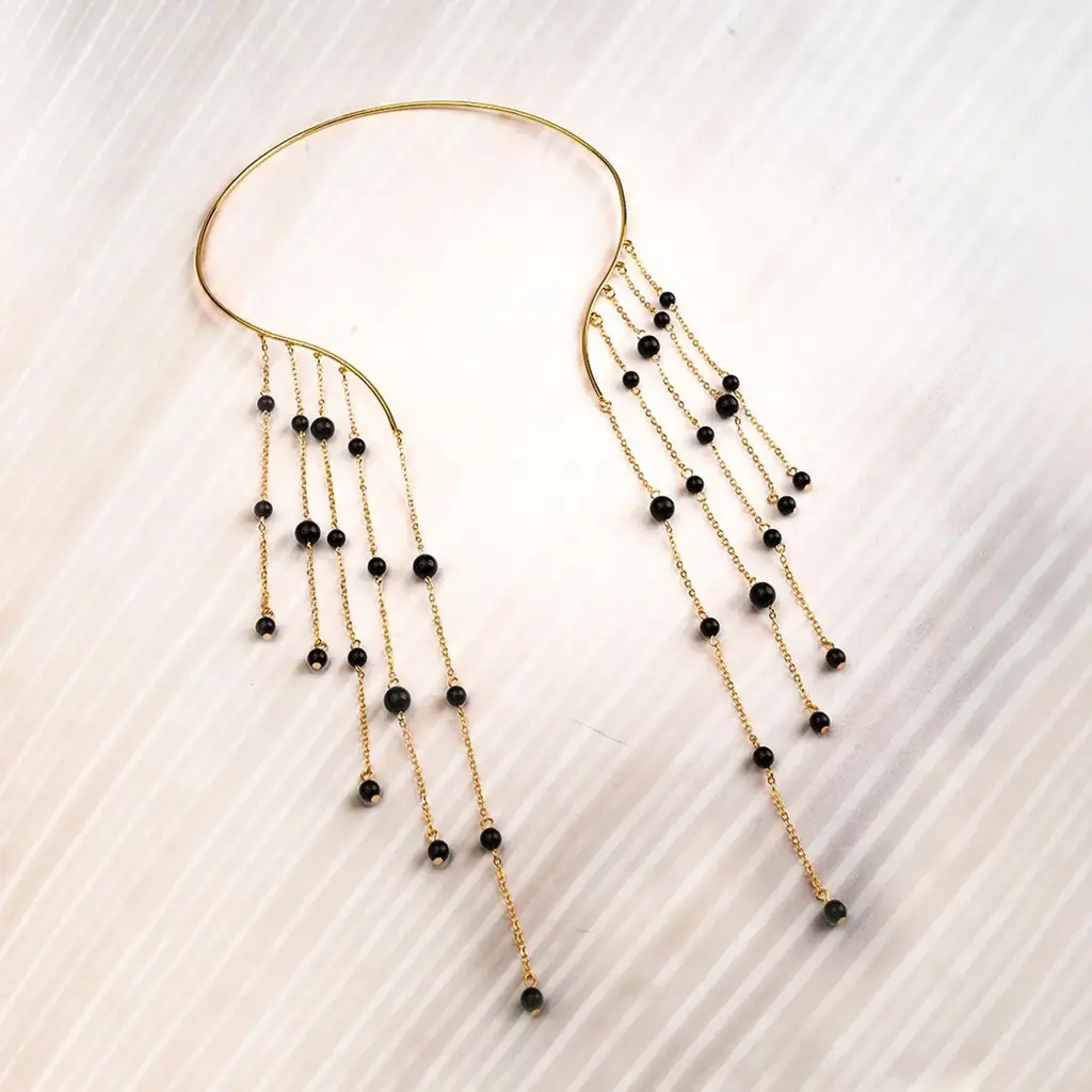 Gold Plated Elma Tassel Black Choker Necklace For Women & Girls : VARELMBANO00