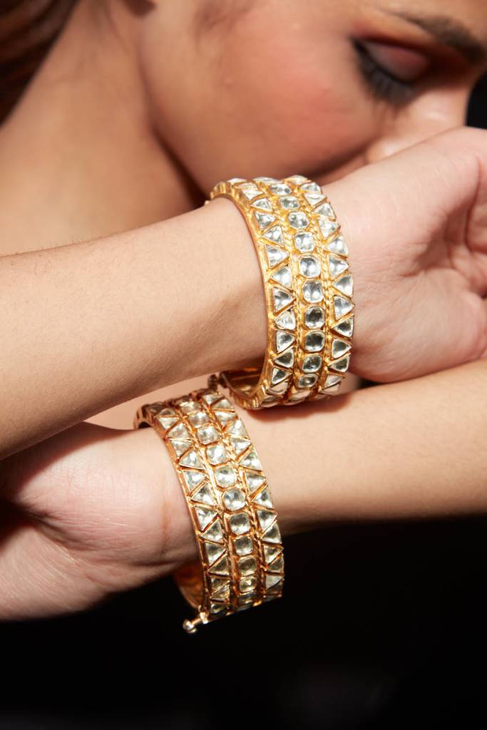 Gold Plated Kundan Polki Studded Screw Openable Bangles, Set Of 2 : VB013