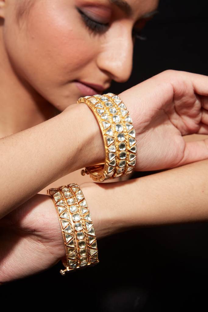 Gold Plated Kundan Polki Studded Screw Openable Bangles, Set Of 2 : VB013