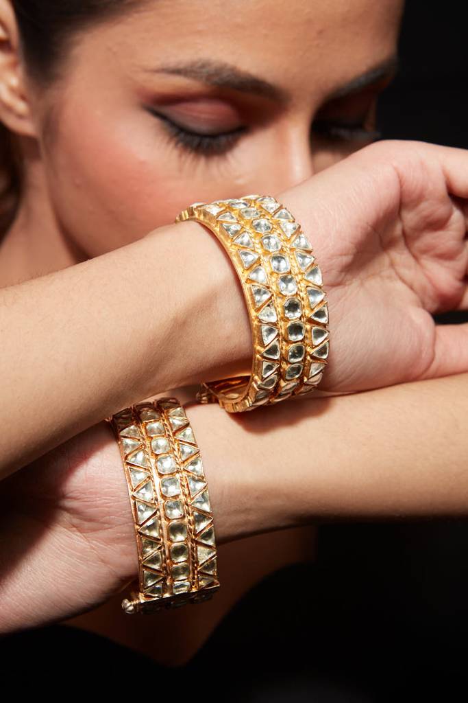Gold Plated Kundan Polki Studded Screw Openable Bangles, Set Of 2 : VB013