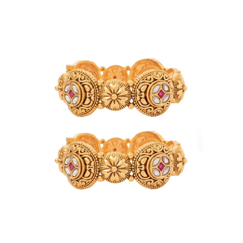 Gold Plated Kundan Studded Screw Openable Temple Bangles, Set Of 2 : VB029