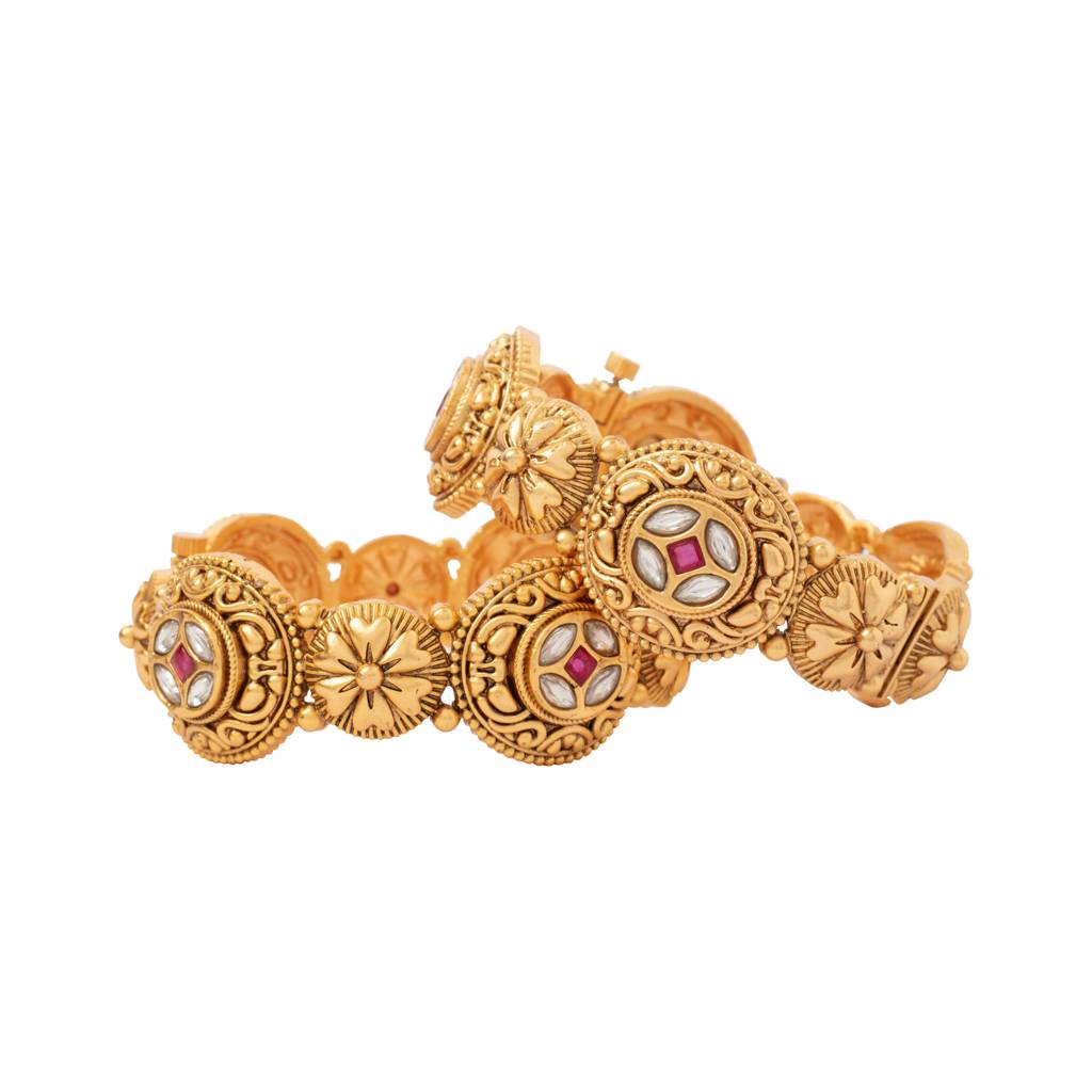 Gold Plated Kundan Studded Screw Openable Temple Bangles, Set Of 2 : VB029