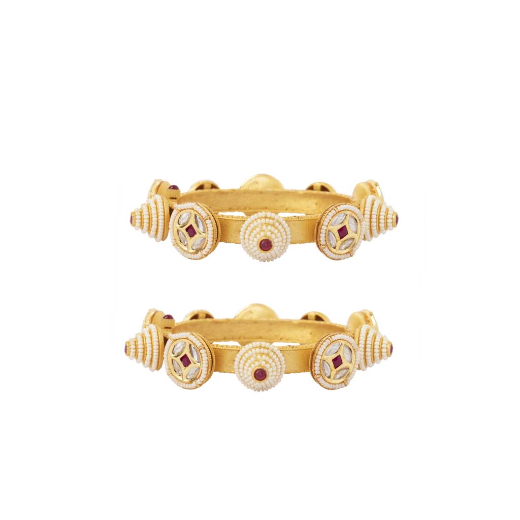 Gold Plated Beaded & Onyx Screw Openable Bangles, Set Of 2 : VB031