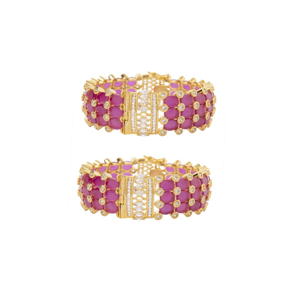 Gold Plated Kundan With Zircon Studded Red Synthetic Stone Bangles, Set Of 2 : VB041