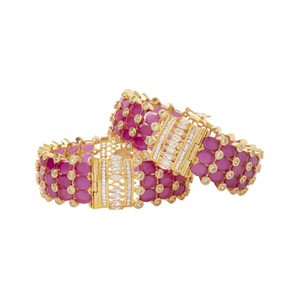 Gold Plated Kundan With Zircon Studded Red Synthetic Stone Bangles, Set Of 2 : VB041